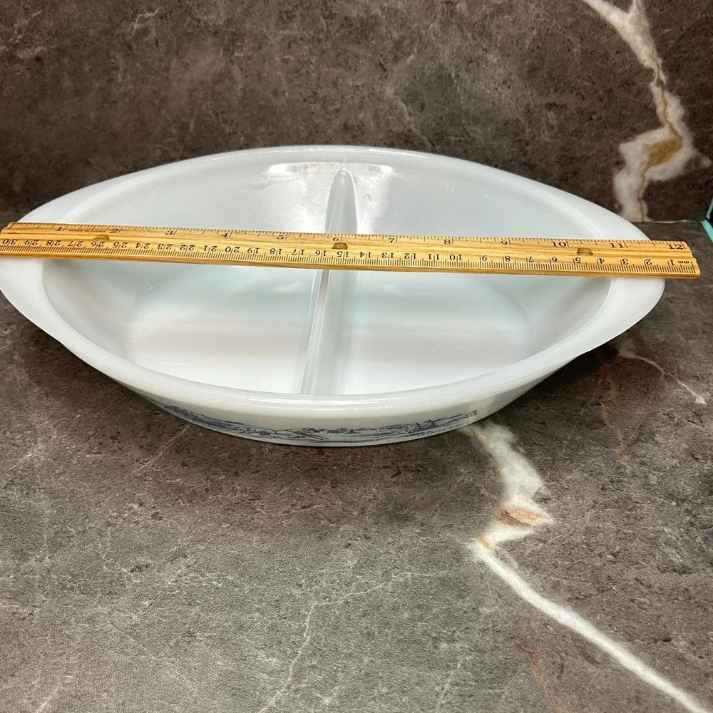 Glasbake Currier & Ives Blue Sleigh Milk Glass Divided Serving Dish Oval Cozy